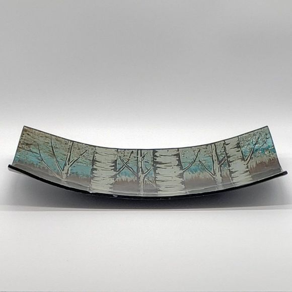 𝅺Reverse Hand Painted Birch Tree Forest Art Glass Console Plate - Picture 5 of 11
